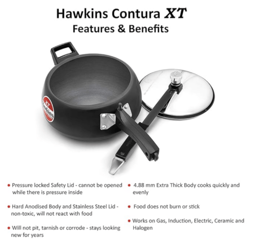Hawkins 3.5 Litre Contura Black XT Pressure Cooker, Hard Anodised Inner Lid Cooker, Induction Cooker, Handi Cooker, Black (CXT35) - Image 3